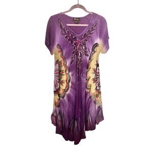 Embroidered Beach Dress One Size Purple Tie Dye Yellow Resort Cruise Boho Rayon